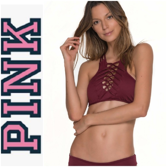 PINK Victoria's Secret Other - ⬇️PINK VICTORIA'S SECRET Maroon Lace up Halter Bikini Top Sz S